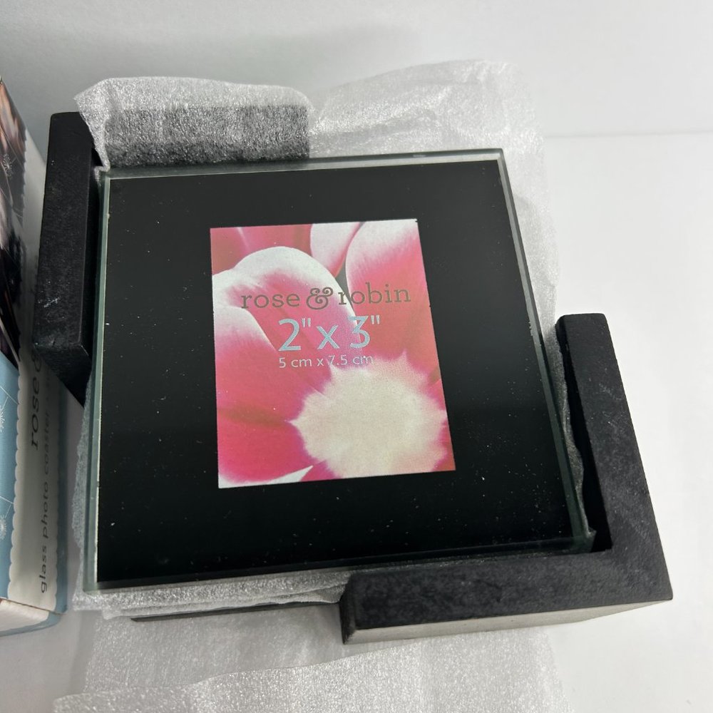 Set of 4 Glass Photo Coasters with Wood Holder